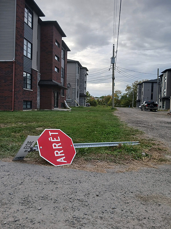 Red octagonal stop sign reading ARRET lying on a grassy verge beside a gravel road with apartment buildings in the background.